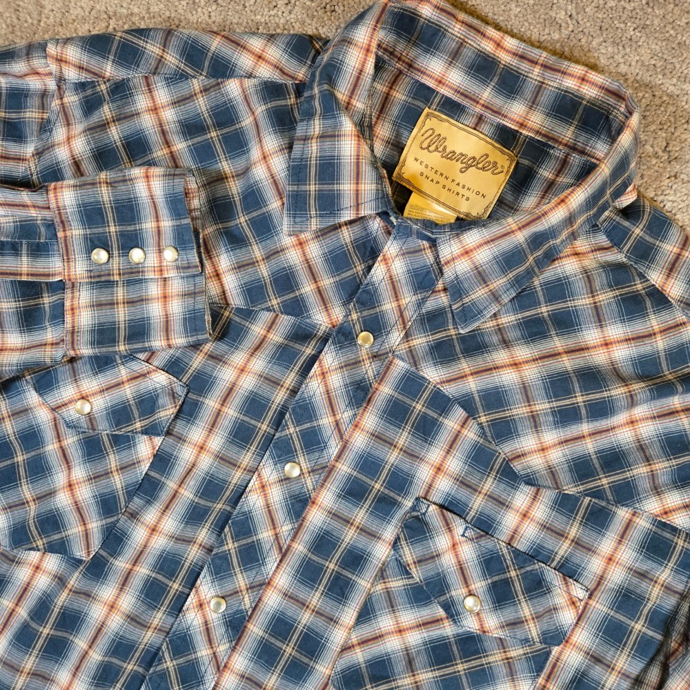 Wrangler Pearl Snap Blue Plaid Western Long Sleeve Shirt Size 2XL Plaid Vintage